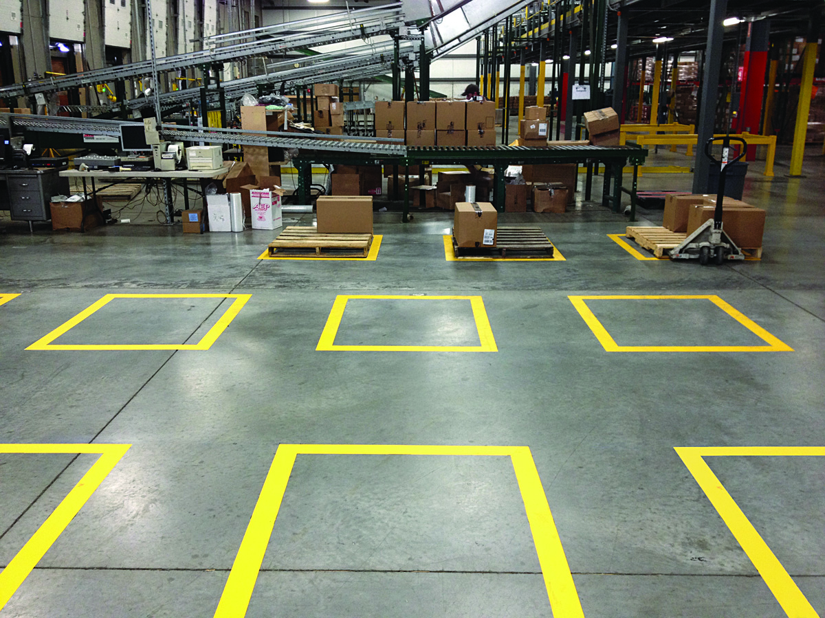 AES floor marking tape DuraStripe In  Use Roue Pallet Squares